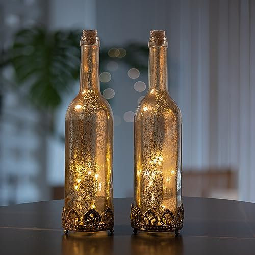 Jinfa Set di 2 Lanterne a bottiglia con luci a LED alimentate a batteria lampada d'atmosfera | Oro | Ø 8cm × H 30cm