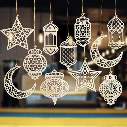 Holz Anhänger Ornament,11 Stück Ramadan Kareem Dekoration,Stern Mond Laterne Form Holzanhänger für Muslim Ramadan Eid Mubarak Party Dekorationen