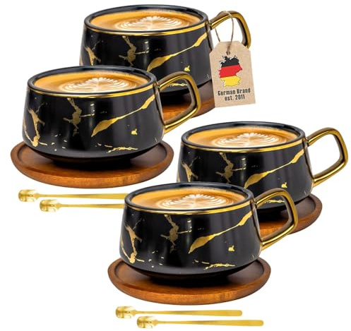INTIRILIFE Tassen Set 4er – Keramiktassen im Marmor Design Schwarz mit Gold – 200 ml bis 300 ml – Kaffeetassen mit Holzuntersetzer– Teetassen Geschenkidee für Kaffee Tee Kakao Milch-Trinkbecher