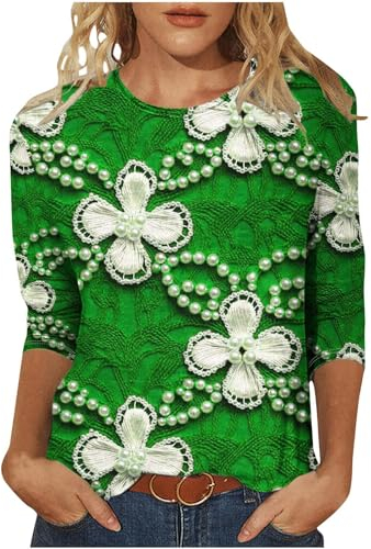 Damen Bluse St. Patrick's Day Dreiviertel Tshirt Irland Kleeblatt Druck Pullover Lustig Leichte Tunika Shirt Regular Fit Oberteile Gnom Wichtel Tee Tops Langarmshirt Rundhals Pulli für Frühling Sommer