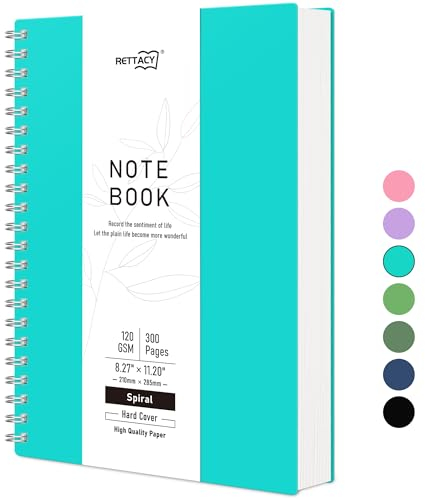 RETTACY A4 Spiral Blanko Notizbuch, Drahtgebundenes Skizzenbuch 300 Seiten/150 Blätter zum Zeichnen, 120gsm, Kunststoff PVC Hardcover, zum Schreiben Frauen Männer Schule, 21.5 x 27.9cm-Türkis