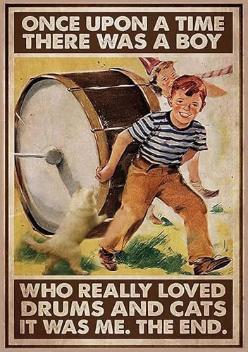 Metallschilder aus Aluminium, Vintage-Stil, Aufschrift There Was A Boy Loved Drums And Cats For Home Coffee Garden Bedroom Wall Decor 20,3 x 30,5 cm