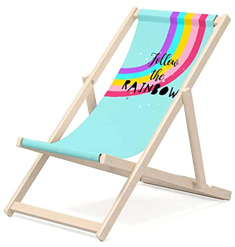 Outentin Kinder Liegestuhl für Garten - Premium Liegestuhl Kinder Holz für Balkon und Strand - Sonnenliege für Kinder - Modernes Design - Liegestuhl Kinder Outdoor - Motiv Regenbogen