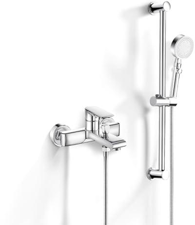 Jacurley Badewannenarmatur mit Duschset, Mischbatterie Badewanne mit Brausegarnitur, Duschsystem mit Wannenarmatur, 635mm Duschstange, Duschbrause mit 1.5m Schlauch, Chrom