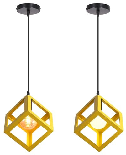 iDEGU 2 Stück Pendelleuchte, modern, Würfelform, Deckenleuchte, Lampenschirm im geometrischen Stil, aus Metall, E27, Hängeleuchte, für Schlafzimmer, Wohnzimmer, Restaurant – 16 cm, Gelb