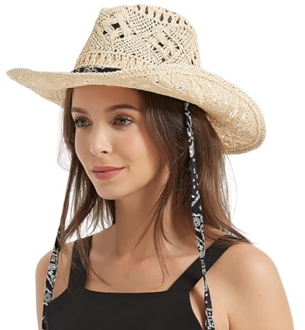 Generisch Cowboyhut Strohhat Damen Herren Western Cowboy Hut Cowgirl Hüte Panamahut Westernhut Luftiger Sommerhut Sonnenhut Strandhut Texas Hut