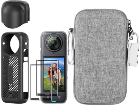 LEWOTE 7in1 Accessories Kit Compatible with Insta360 X4 [Silicone Camera Case Cover and Lens Cap][2Pcs Screen Protector Film][Outdoor Carrying Case with Locking Carabiner and Anti-Loss Lock] (Black)