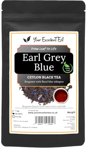 Earl Grey Blue Loose Leaf Black Tea with Bergamot & Cornflower, 250g | Ceylon leaves create a bright, aromatic infusion with floral citrus notes and a clean finish, packed in a resealable pouch.