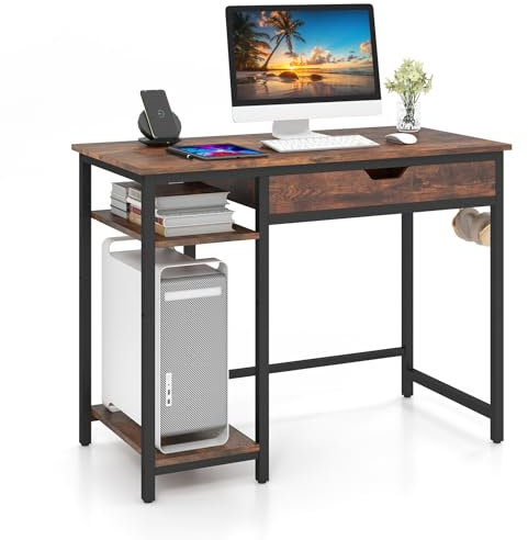 COSTWAY Bureau d'Ordinateur 100 x 50 cm, Bureau Informatique avec Grand Tiroir de Rangement et 2 Étagères Ouvertes Réglable, Support UC, 2 Crochets, Style Industriel, Marron Rustique