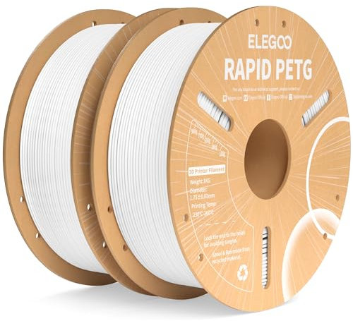 ELEGOO Rapid PETG Filament 1.75mm Weiß 2KG, High Speed 30-600mm/s 3D Drucker Filament Maßgenauigkeit +/- 0.02 mm, 2 Stück 1kg Pappspule(2.2lbs) Passend für die meisten FDM 3D Drucker