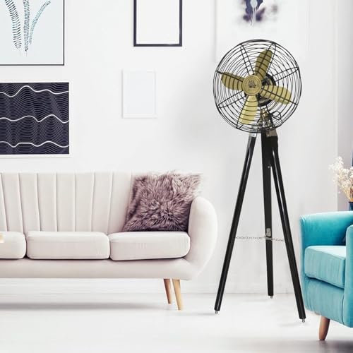 Ventilador de pedestal antiguo, ventilador de suelo con trípode de madera negra, trípode ajustable para decoración del hogar