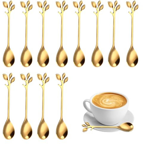 12 pièces de Cuillère à Café en Feuille D'acier Inoxydable Cuillère Café Petite Cuillère à Dessert en Acier Inoxydable, Mini Cuillère à Dessert Design Branche pour l'eau thé Lait Café (Or)