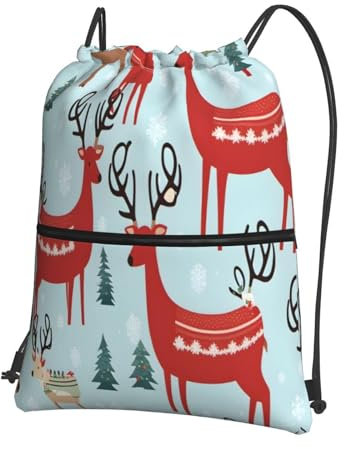 Rucksack mit Kordelzug, Reißverschluss, niedliches Rentier, für Yoga, Fitnessstudio, Schwimmen, Reisen, Fitness, Sport, Schwarz, Einheitsgröße, Tagesrucksäcke