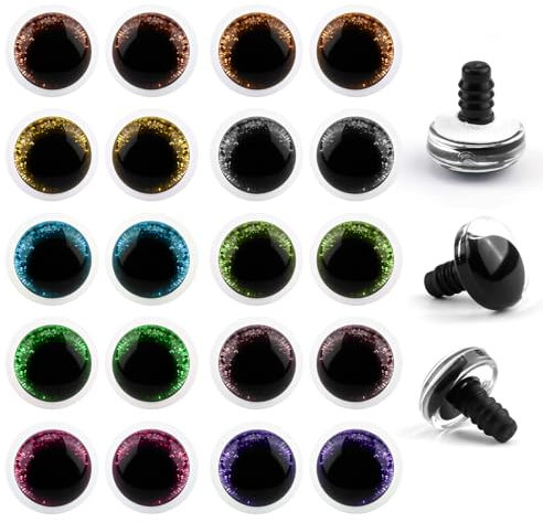 20 Stück Glitzer Augen für Häkeltiere, 20mm Sicherheitsaugen für Häkeltiere, Amigurumi Augen mit Unterlegscheiben, 3D Design, Kunststoff Bastelaugen für Puppen, Teddybären, Plüschtiere und Stofftiere
