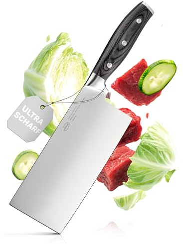RÖSLE Chinesisches Kochmesser WOLFGREY 18 cm, Hackbeil mit Pakkaholzgriff | Extra scharfe Klinge aus X50CrMoV15-Stahl, rostfrei und ausbalanciert, ideal zum Hacken von Fleisch, Fisch und Gemüse