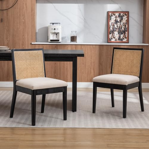 chairus 2er Set Esszimmerstühle Leinen Küchenstühle mit Rattan Rückenlehne Vintage Akzentstühle aus Holz für Esszimmer Küche Wohnzimmer (Schwarz-2)