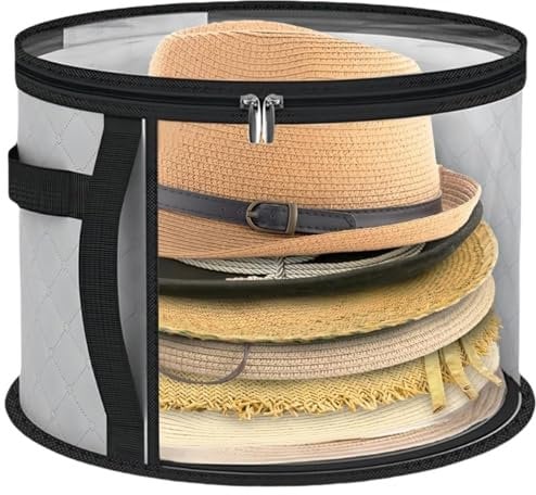 Hat Boxes with Lids, Large Hat Storage Organizer for Closet and Travel, Non-Woven Fabric Box with Carry Handles, Round Baseball Cap Storage Bag, 42 X 26.5 Cm, Grey