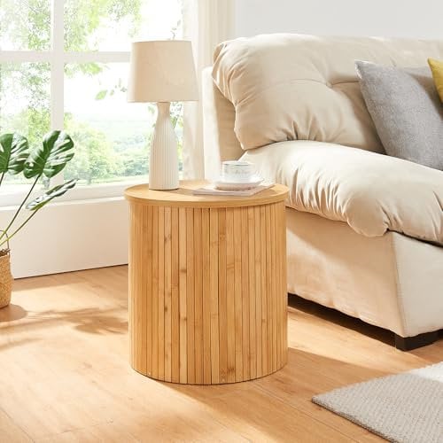 [en.casa] Table d'Appoint avec Plateau Rond Légèrement Dépassant Table Basse Bout de Canapé Design Scandinave pour Salon Chambre Entrée Bambou MDF 40 x 40 cm Naturel