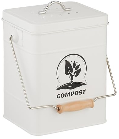 Relaxdays Komposteimer Küche, 6 l, Kleiner Mülleimer, Deckel und Geruchsfilter, Metall, Abfalleimer Biomüll, weiß