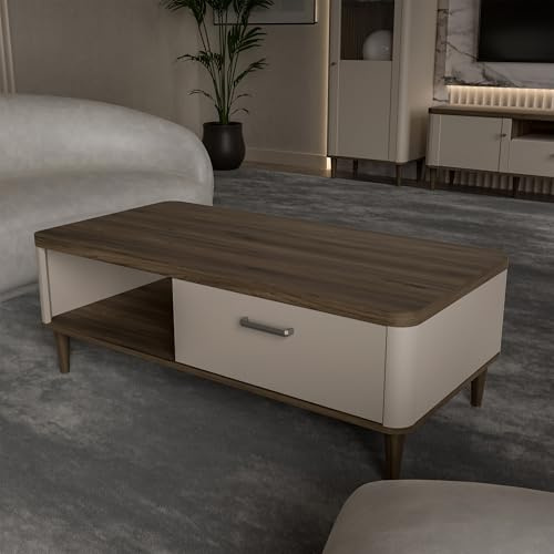 Forte LACETTI Couchtisch 120, moderner Sofatisch mit Skandi Lamellen Design, 1 Schublade, Kaschmir | Beige mit Valencia Eiche Holzdekor, 120 cm breit x 43,7 cm hoch x 60 cm tief