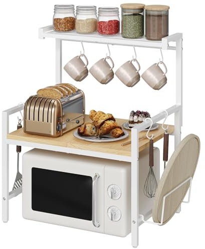 MAHANCRIS Mikrowellen Regal 2-stufig, Regal über mikrowelle, Mikrowellenständer mit Schneidebretthalter, Küchenaufbewahrung Organizer mit 8 Haken, Regal für die Küche, Weiß ABRBN5301