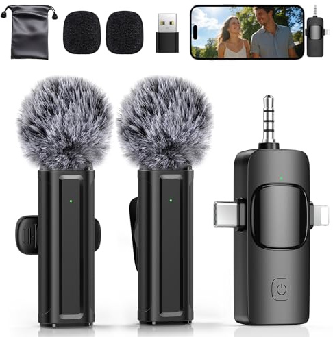 Wireless Mini Microphone for iPhone, Android, Camera, PC, 4 in 1 Lavalier Mic with 360° Rotatable Clip, Plug and Play Noise Reduction Lapel Mic for Video Recording YouTube TikTok Content Creators