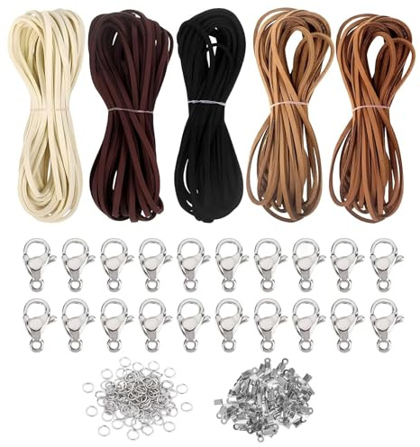 Mehrfarbig Lederband Für Ketten, Zuschneidbares Lederband Set, Reißfest Lederschnur Mit 100 Zubehörteile Für Schmuckhandwerk, Armbänder Halsketten DIY Basteln (5 Farben)