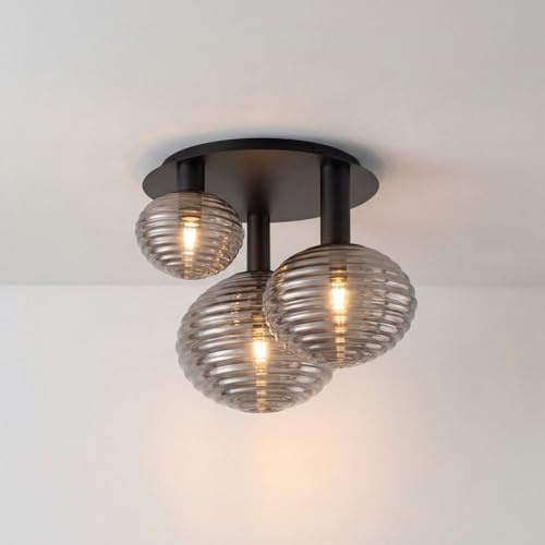 Licht-Erlebnisse Deckenleuchte Rauchglas Metall Schwarz geriffelt blendarm Büro Esszimmer 3-flammig Kugeln E27 B:53,5 cm rund elegant stilvoll Deckenlampe Wohnzimmer