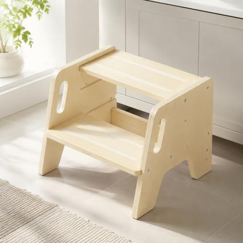 BADCRIS Sgabello di Legno per Bambini a 2 Gradini, Antiscivolo per Bagno | Scaletta Bambini per Lavandino, Cucina, Letto, Resistente per Capacità di Carico 100kg, Kit con Viti e Chiave, 34× 33 × 32cm