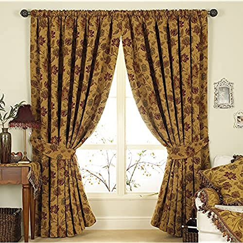 Paoletti, Zurich Pencil Pleat Curtains (Pair) - Floral Jacquard Design - Matching Tiebacks - Room Darkening - 100% Polyester - 168cm width x 229cm drop (66 x 90 inches)- Gold Yellow