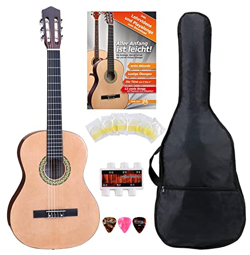 Classic Cantabile AS-861 Konzertgitarre 1/2 Starter-Set (akustische Klassikgitarre, geeignet für Kinder ab 5-9 Jahren, Tasche, Saiten, Noten, Plektren, Stimmpfeife) natur