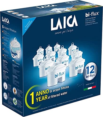 LAICA bi-flux® Wasserfilter - Bewahrt die für den Körper wichtigen Mineralsalze und reduziert unerwünschte Stoffe - 1 Jahr gefilterten, wohlschmeckenden Wassers (12 x 150L Filter) - Made in Italy