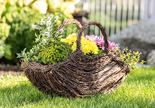 Dekoleidenschaft Pflanzkorb Tasche aus Birkenreisig, 52x38 cm groß, Pflanztasche, Blumentopf, Übertopf, Pflanzgefäß, Garten-Deko für Draußen