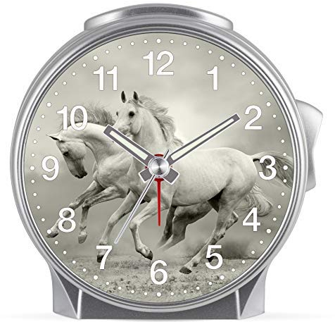 SELVA Eurotime Kinder Wecker für Mädchen mit Pferde-Motiv, Kunststoffgehäuse und Kunststoffglas, geräuscharmer Wecker, kein Ticken, mit Licht und Weckwiederholung, 29617-07