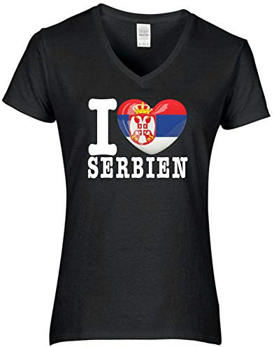 FanShirts4u Damen T-Shirt - I Love SERBIEN Srbija Serbia - WM EM Trikot Liebe Herz Heart (XXL, SERBIEN/schwarz)