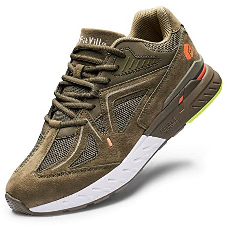 FitVille Mens Extra Wide Fit Trainers Comfortable Running Sneakers Lightweight Walking Shoes for Flat Feet Plantar Fasciitis - Rebound Core, Army Green, 9 UK Wide