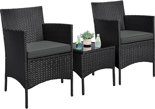 Yaheetech 3-Piece Garden Conversation Furniture Set, PE Rattan, Black/Grey | Handwoven Wicker | 2 Chairs & Side Table with Cushions | Outdoor Use for Porch, Garden, Deck & Courtyard