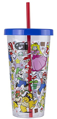 Vaso Super Mario - Producto oficial Nintendo, vaso plástico con pajita reutilizable para bebidas frías, personajes Mario Bros, regalo para gamers, 700ml