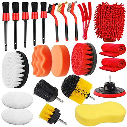 Yumzeco 23PCS Lot de Brosse Nettoyage Voiture,Pinceau Detailing Auto,Kit de Brosse Nettoyage Voiture Interieur Exterieur,Brosse Nettoyage Perceuse Électrique,Brosse Jante Voiture,Kit Polissage