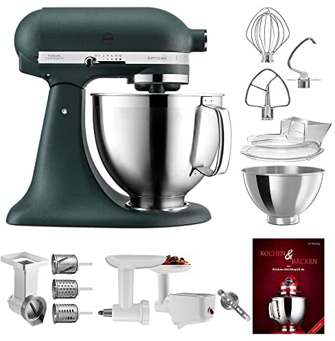KitchenAid Küchenmaschine Artisan - P22 Multi Set Deluxe 185er (AK) - 5KSM185PSEPP inkl. Gemüseschneider (MVSA), Fleischwolf (5KSMFGA), Pürieraufsatz (5KSMFVSP) und Kochbuch (Kochen & Backen)