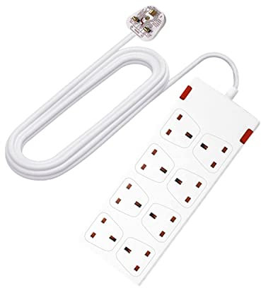 Extension Lead UK Pin Plug and Cable, 8 Gang Way Socket Outlets Power Strips (13 A) Surge Protection Plug with 5m Extension Cord for Multiple Appliances of Home,Office-White