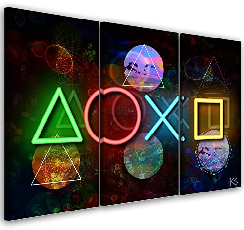 Feeby 3-teilig Vlies Leinwandbild 120x80 cm Spiele Gaming Für den Gamer Wanddeko Design Kunstdruck Zimmerdeko Bilderwand Symbole Spielkonsole Abstraktion mehrfarbig