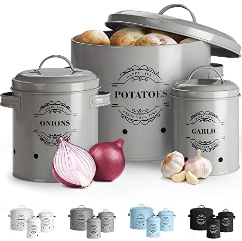 Virklyee Paniers Ail Pot à Oignon en Métal Set of 3-Pot de pomme de terre, pot d'oignon, pot d'ail, Pots et bocaux de conservation Rangement en métal Conception aérée pour un rangement facile(Gris o2)