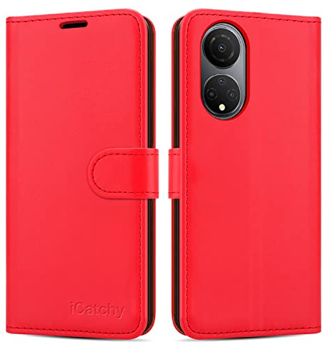 iCatchy for Honor X7 Case Leather Wallet Book Flip Kickstand Card Slots Full Protection Folio Cover Compatible for Honor X7 Phone (Red)