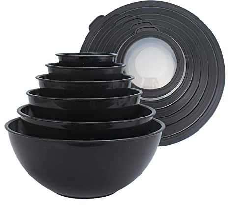 COOK WITH COLOR Rührschüsseln mit TPR-Deckeln – 12-teiliges Kunststoff-Schüssel-Set enthält 6 Vorbereitungsschüsseln und 6 Deckel, mikrowellengeeignet (gesprenkeltes Schwarz)