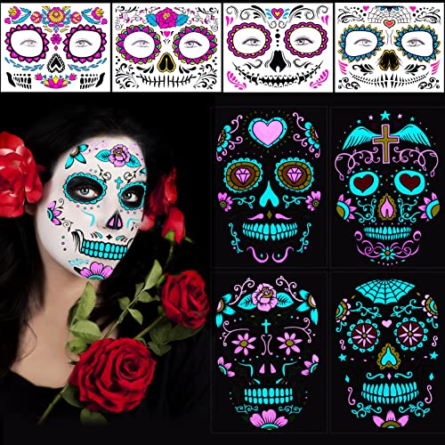 8 Feuilles Halloween Tatouages Temporaires pour visage, Autocollant de Crâne de Sucre, Maquillage du Jour des Morts pour Hommes et Femmes Articles de Fête