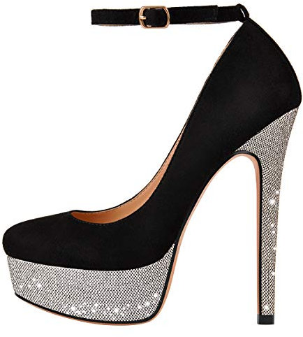 Only maker Damen Plateau High Heels Mary Jane Mandelzeh Stilettos Pumps Damenschuhe aus Velousleder Schwarz Silber 41 EU