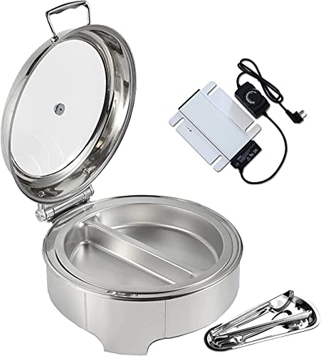 Chafing Dish Electrique Rond,Chauffants-Chauffe-Plat Capacité 6l,Chafing Dish Buffet Electrique en Acier Inoxydable,Chauffants électrique,Couverture en Verre Visible,Durable,1 Pinces Alimentaires
