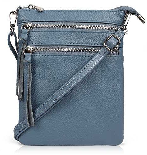 befen Echtleder Umhängetasche Damen Klein Handtasche Leder Crossbody Bag mit 4 Fächern, Handytasche zum Unhängen Damen mit verstellbarem Schultergurt, Blau