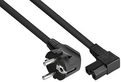 kabelmeister Netzkabel Schutzkontakt-Stecker Typ E+F (90° gewinkelt) an Warmgeräte-Buchse C15 (rechts gewinkelt)- schwarz - 1,50mm² - 1m